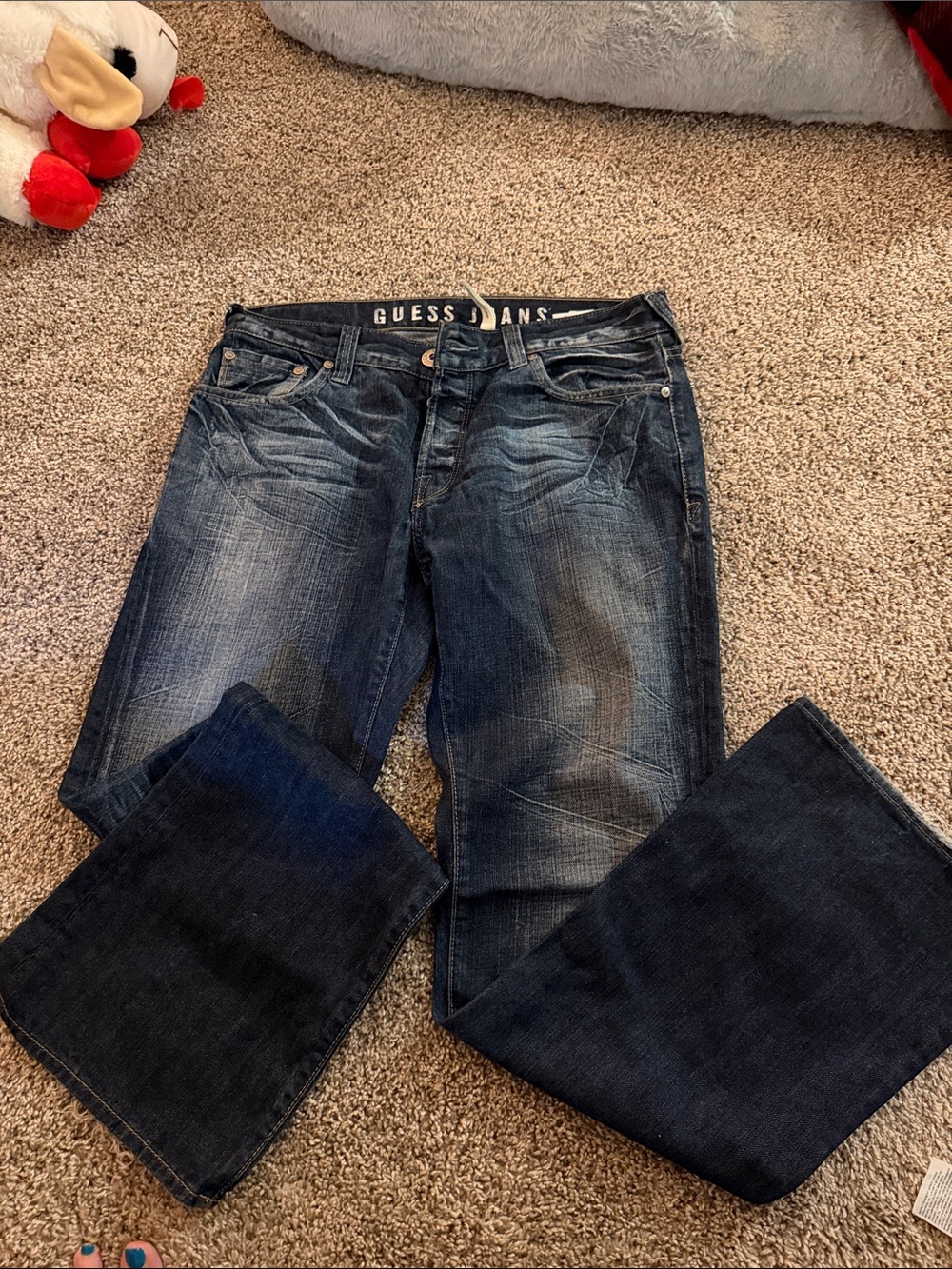 Guess Men's Dark Blue Bootcut Jeans with Fading